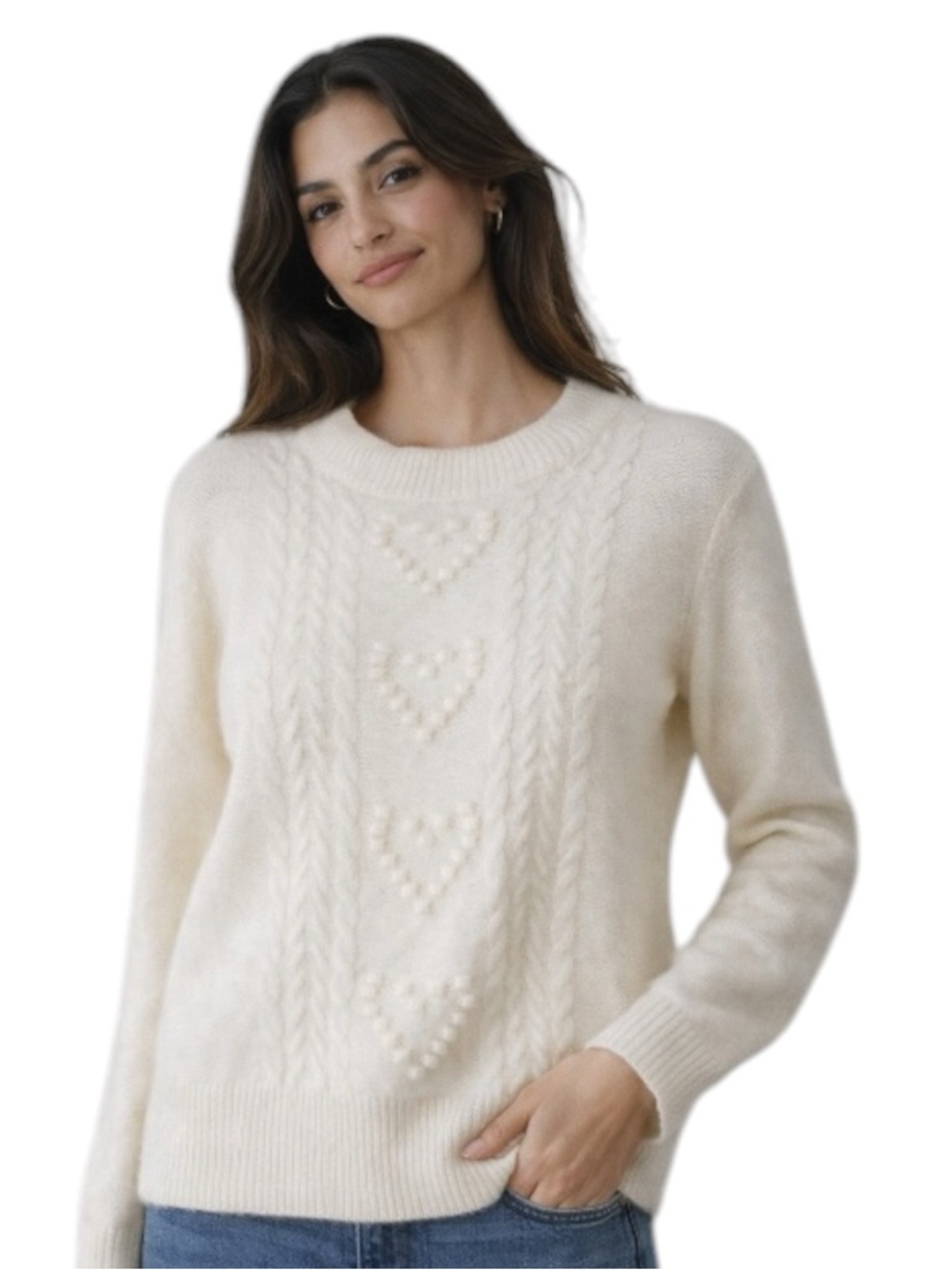 Charter Club 100% Cashmere Cream Sweater Heart Cable Knit Size XS